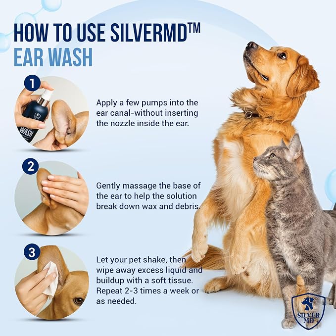 Nano Silver Pet Ear Wash for Dogs & Cats Spray, 8 Oz | Best Gentle Cats & Dog Ear Cleaner Solution With Deionized Water Formula For Itchy Sensitive Ears, Odor & Daily Care For Pets