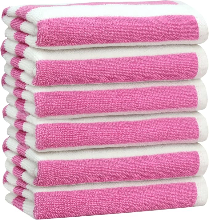 ORIGINAL KIDS Hand Towels - Set of 6 Cabana Stripe 100% Cotton Yarn Dyed Terry Hand Towels - Super Soft Quick Dry Easy Care Absorbent Towels for Bathroom Kitchen Toddlers Children - 16x27 - Pink White