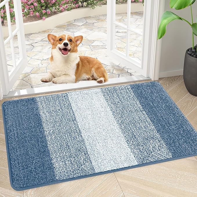 Smiry Dog Door Mat for Muddy Paws, Absorbs Moisture and Dirt, Low-Profile Entryway Mat with Non-Slip Backing, Entry Indoor Outdoor Doormat for Inside Floor (34x21 Inches, Light Blue, Striped)