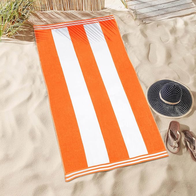 Superior Cotton Nautical Stripe Beach Towels, Colorful Towels for Adult, Kid, Pool, Swimming, Sand, Travel, Large Oversized, Absorbent, Fast Drying, Bath Basics, Cabana Collection, 1 Piece, Orange