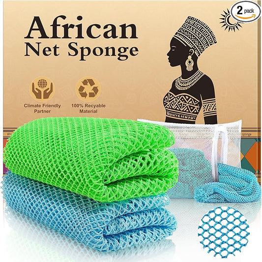 Authentic African Net Sponge - 2 Pieces Deep Clean Exfoliator - Premium Fabric, Gentle Exfoliation for Body & Shower Use (Blue & Green)
