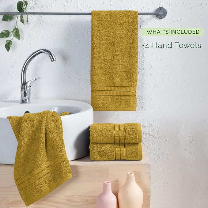Elegant Comfort Three Line Popcorn Towel Set for Bathroom 16 x 28 inches, Premium Hotel Quality 4-Pack Hand Towels, 100% Turkish Cotton, Soft and Durable, Quick Dry and Highly Absorbent, Amber Gold