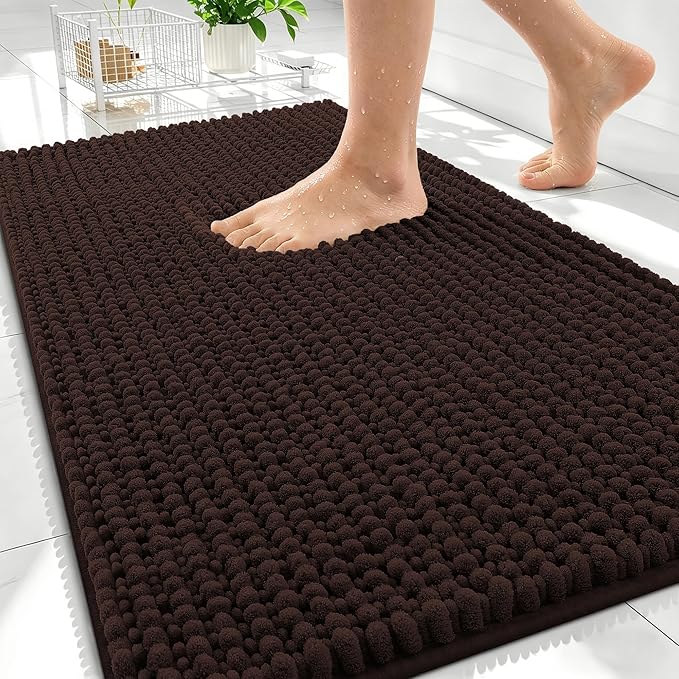 OLANLY Thick Bathroom Rugs 34x21, Extra Soft Absorbent Chenille Bath Rugs, Rubber Backing, Machine Wash Dry, Bath Mats for Bathroom Floor, Tub and Shower, Home Decor Accessories, Brown