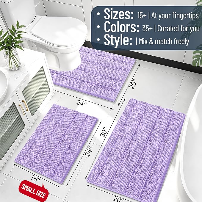 Smiry Thick Chenille Bathroom Rugs 30x20, Extra Soft Absorbent Striped Bath Mat, Machine Washable, Rubber Backing, Bath Rugs for Tub & Shower, Modern Home Decor Accessories, Lavender
