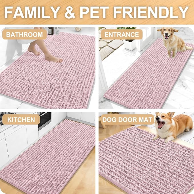 OLANLY Long Bathroom Rugs Runner 47x20, Thick Soft and Absorbent Chenille Bath Mat, Non-Slip, Machine Washable Quick Dry Bath Rugs for Tub Shower Floor, Home Decor Accessories, Dusty Rose