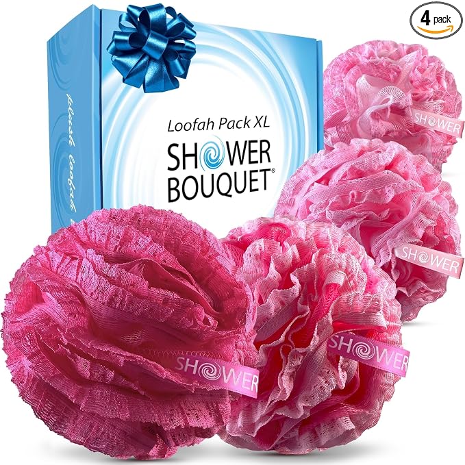 SHOWER BOUQUET Pink-Loofah-Bath-Sponge Lace-Mesh-Set // 2-Scrubs-in-1 // Large 60g Pouf (4 Pack Pink Colors) Body Luffa Loofa Loufa Puff - Exfoliate, Cleanse Skin with Luxurious Bathing Accessories