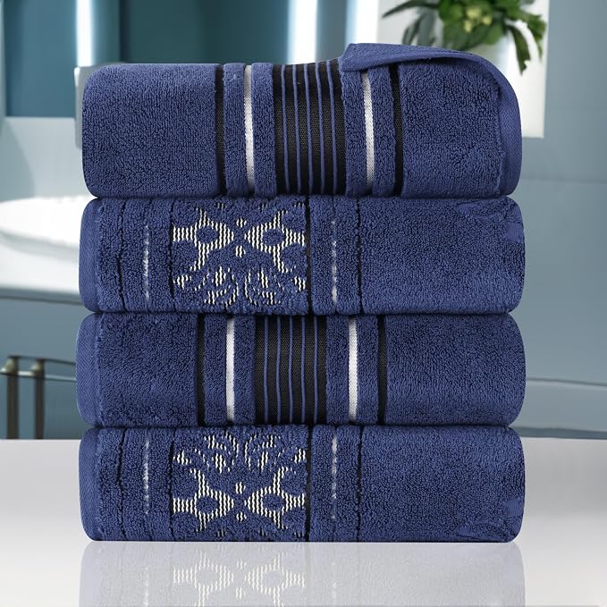 Superior Cotton Bath Towel Set, Large Plush Absorbent Body Towels, Luxury Soft Quick Drying, Shower, Spa, Hotel, Pool, Guest Bathroom, Home Essentials, Zero Twist, Assorted Floral Set of 4, Navy Blue