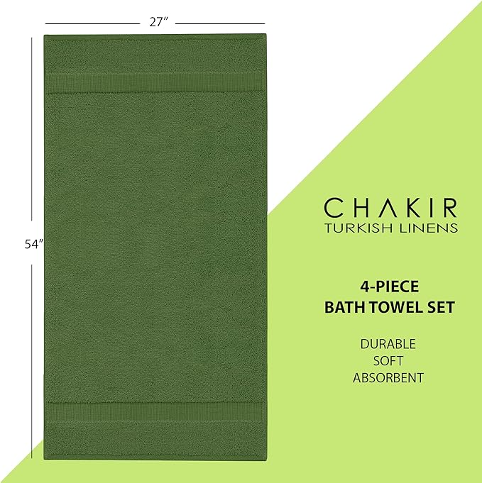 Chakir Turkish Linens 4 Piece Bath Towel Set, 100% Cotton Luxury Turkish Towels for Bathroom, Soft Absorbent Bath Towels, 27 x 54 Inches, Moss
