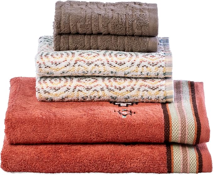 SKL Home Southwest Sunset/Rhapsody 100% Cotton Premium 6-Piece Towel Set for Airbnb, Vacation Homes, Southwestern Décor - 550 GSM, Soft & Absorbent - 2 Bath Towels, 2 Hand Towels, 2 Washcloths, Rust