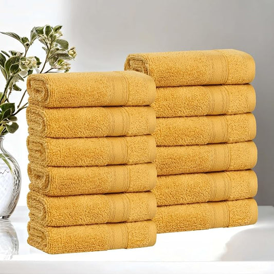 Superior Belmont Zero Twist Cotton Medium Weight Small Towels, for Kitchen, Bathroom, Shower, Spa, Plush, Quick Dry, Ultra-Soft Essentials, Thick Border, Face Towels Washcloths, Set of 12, Gold