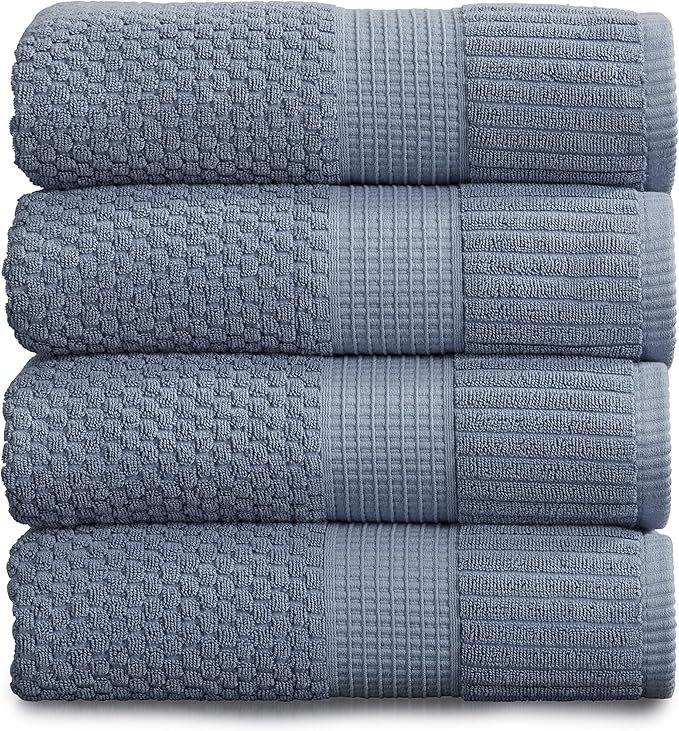 NY Loft 100% Cotton 4-Pack Bath Towel Set | Flint | Oeko-TEX | Quick-Dry | Four 30" x 52" Bath Towels | Super Absorbent | Designer-Styled Texture
