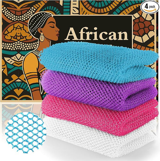 African Bath Sponge 4 Pieces - Net Exfoliator for Glowing Skin, Long-Lasting Nylon Mesh Scrubber, Gentle Enough for Daily Use (White, Rose Red, Purple, Blue)