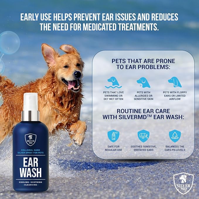 Nano Silver Pet Ear Wash for Dogs & Cats Spray, 8 Oz | Best Gentle Cats & Dog Ear Cleaner Solution With Deionized Water Formula For Itchy Sensitive Ears, Odor & Daily Care For Pets
