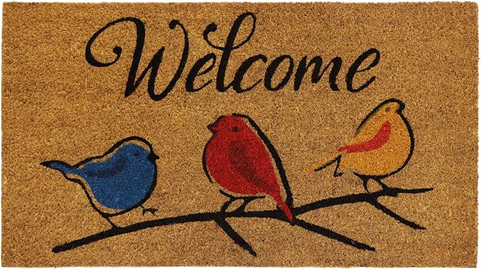 Croft&Cane Welcome Birds Coir Doormat – Non Slip Natural Coco Coir Door Mat - Low Profile Vinyl Backed Front Doormat - Indoor Outdoor Entryway Rug - 17 x 30 Inches
