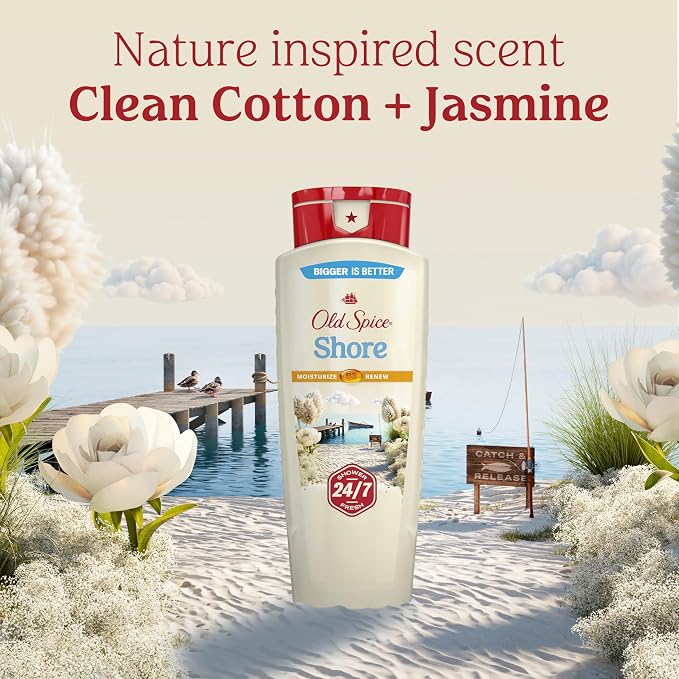 Old Spice Cleansing Body Wash for Men, 24/7 Shower Fresh with Lasting Scent, Moisturize & Renew, Gentle on Skin, Vitamin B3, Shore with Clean Cotton & Jasmine Scent, 18 oz