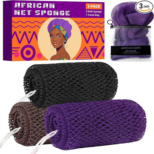 African Net Sponge Authentic, 3 Pieces Exfoliating Scrubber Bath Sponge for All Skin Types, Back Scrubber Loofah Washcloth for Shower, Gentle Exfoliation (Brown,Purple,Black)
