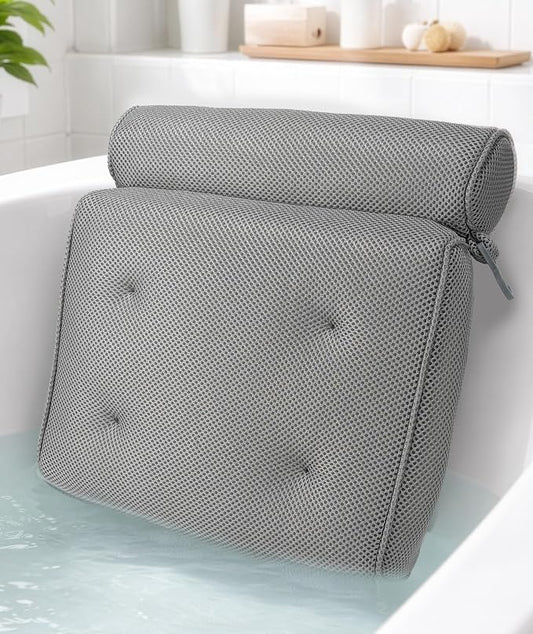 Everlasting Comfort Luxury Bath Pillow for Tub – Quick-Dry 4D Mesh – Gray | Head/Neck/Back Support, Non-Slip Suction Cups, Machine Washable, Drying Hook, Bath/Spa/Jacuzzi Essentials