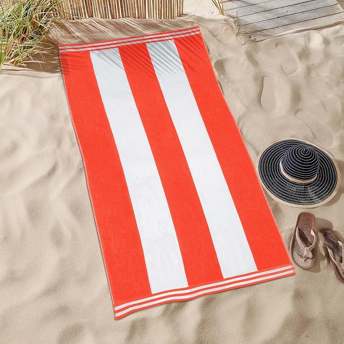 Superior Cotton Nautical Stripe Beach Towels, Colorful Towels for Adult, Kid, Pool, Swimming, Sand, Travel, Large Oversized, Absorbent, Fast Drying, Bath Basics, Cabana Collection, 1 Piece, Coral