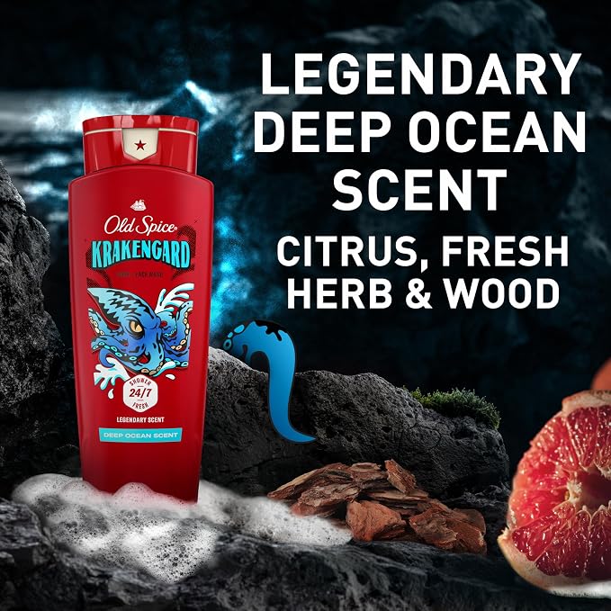 Old Spice Cleansing Body Wash for Men, 3X Defense, 24/7 Shower Fresh with Lasting Scent, 2-in-1 Body & Face Wash, Krakengard with Deep Ocean Scent, 24 oz (Pack of 4)