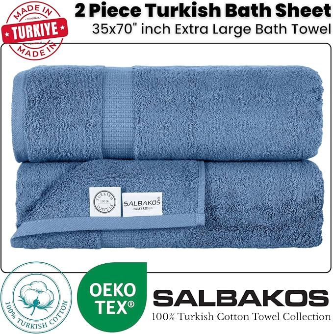 SALBAKOS 2-Piece 100% Turkish Cotton Extra Large Bath Towel 35x70 inch | Premium Hotel Quality Bath Sheet Towels | Thick, Soft, Absorbent, Oversized Bath & Beach Towels (Blue, 2 Bath Sheets)