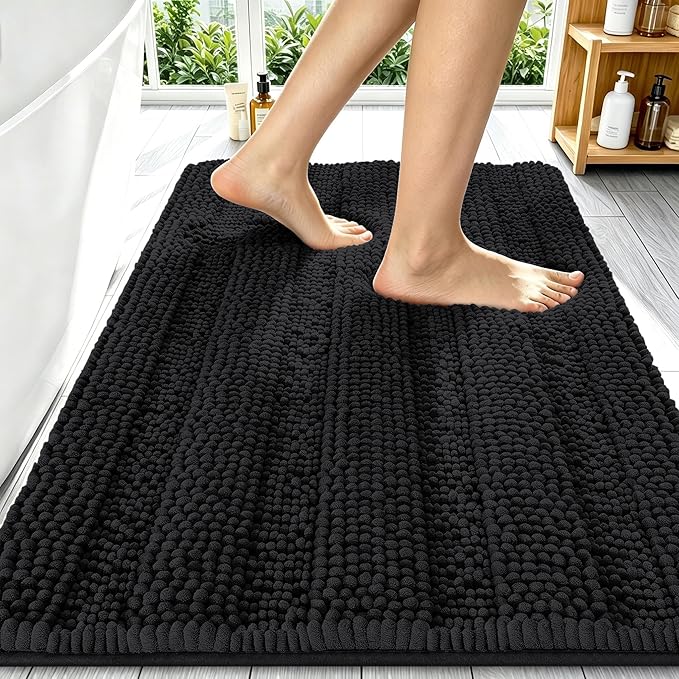 Smiry Thick Chenille Bathroom Rugs 34x21, Extra Soft Absorbent Striped Bath Mat, Machine Washable, Rubber Backing, Bath Rugs for Bathroom, Tub & Shower, Modern Home Decor Accessories, Black