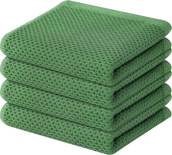 Homaxy 100% Cotton Waffle Weave Kitchen Dish Towels, Ultra Soft Absorbent Quick Drying Cleaning Towel, 13 x 28 Inches, 4-Pack, Grass Green