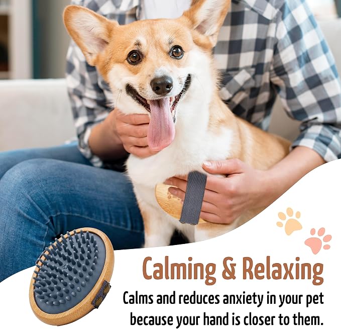 The Buddy System Rubber Pet Close Brush, Soft Touch Oval Palm Brush - Bamboo Massage Handheld with Rubber Bristles and Elastic Band for Dogs and Cats - Gray
