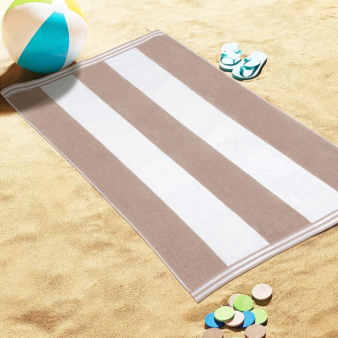 Superior Cotton Nautical Stripe Beach Towels, Colorful Towels for Adult, Kid, Pool, Swimming, Sand, Travel, Large Oversized, Absorbent, Fast Drying, Bath Basics, Cabana Collection, 1 Piece, Taupe