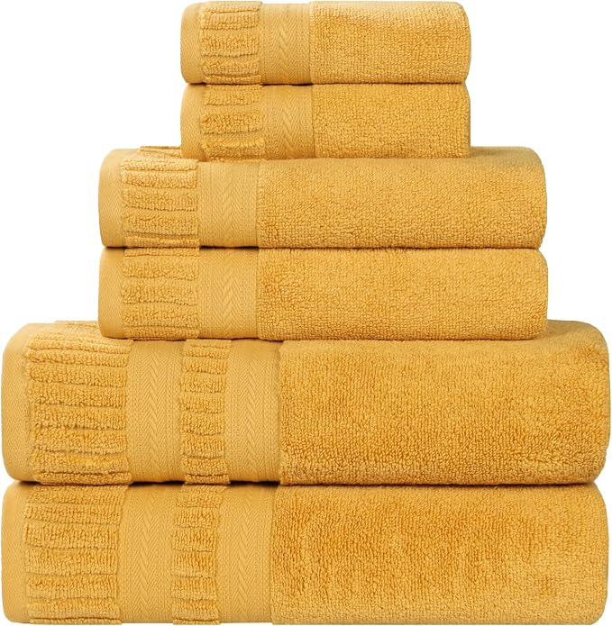 Superior Venice Zero Twist Cotton Medium Weight Towels, for Guest Bath, Bathroom, Shower, Spa, Plush Towels, Bath Essentials, Ribbed Textured Border, 6 Piece Assorted Towel Set, Gold