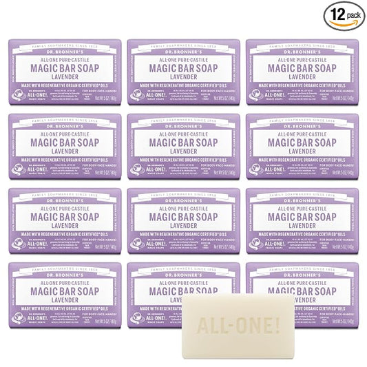 Dr. Bronner's Pure-Castile Magic Bar Soap (Lavender, 5 Ounce, 12-Pack) - Made with Regenerative Organic Certified Oils, For Face, Body & Hair, Gentle & Moisturizing, Biodegradable, Vegan, Cruelty-free