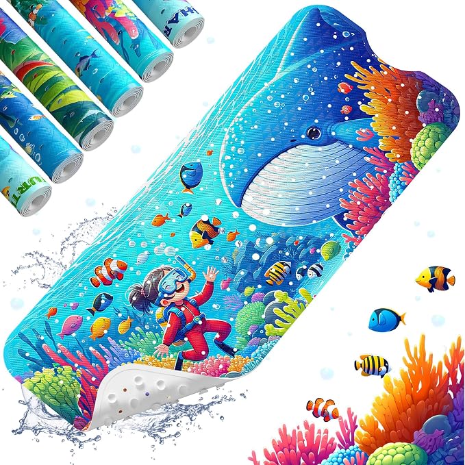 XIYUNTE Baby Bath Mat for Tub Non Slip Kids Bath Mat - 40''x16'' Extra Long Cartoon Bathtub Mat Non Slip Kids Shower Mat Eco-Friendly Toddler Bath Mats with Suction Cups, Machine Washable