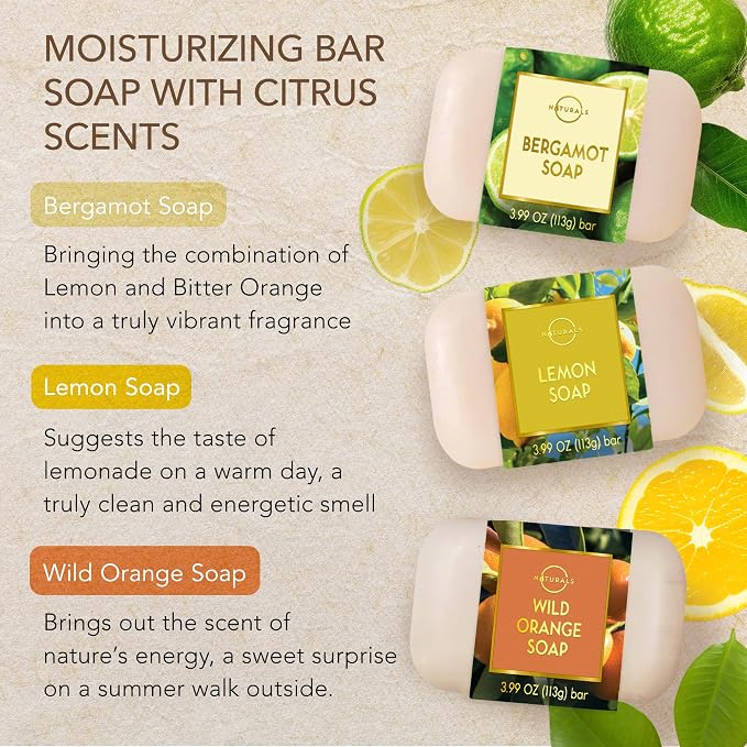 O NATURALS 100% Natural Bar Soap - Gift Set - Organic Ingredients & Essential Oils - Spa Gifts for Women & Men, Body Wash & Face - 6PC Citrus Soap Collection