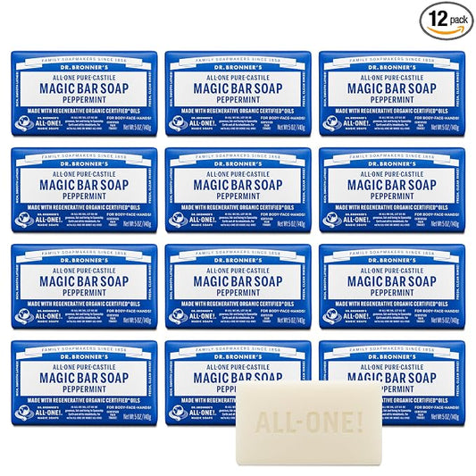 Dr. Bronner's Pure-Castile Magic Bar Soap (Peppermint, 5oz, 12-Pack) – Made with Regenerative Organic Certified Oils, Soap Bars for Men & Women, Vegan, Cruelty-Free, Non-GMO