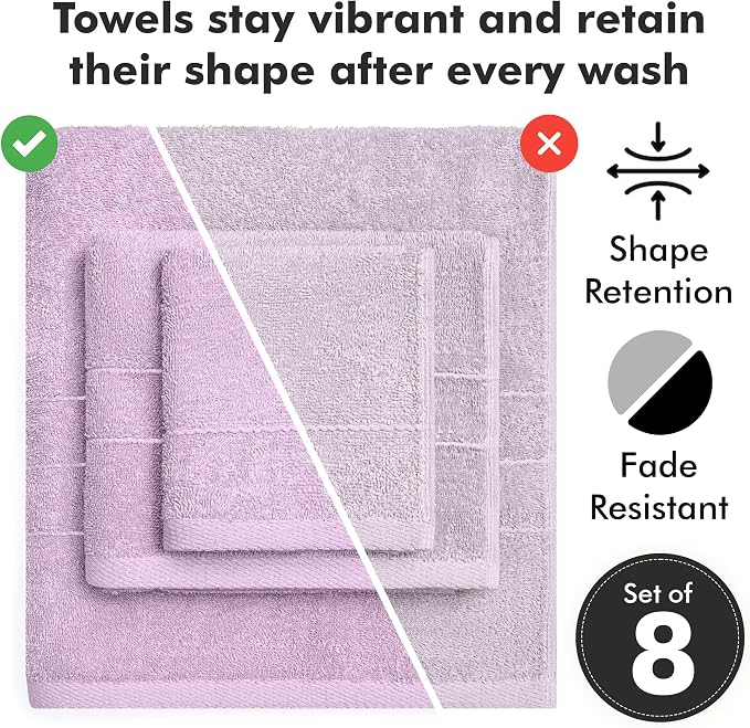 Bath Towels Set of 8 – 100% Ring Spun Cotton (Lilac) Bathroom Towel Set Bale Includes 2 Bath, 2 Hand, 4 Face Towels – 550 GSM Soft, Absorbent & Quick Dry Towel for Bathroom, Spa, Kitchen, Hotel Use