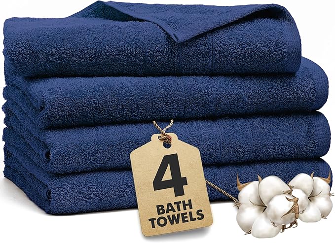 Bath Towels Set of 4 – 100% Ring Spun Cotton Royal Blue Extra Large Towels for Bathroom, Spa Use (55x28 in) – 550 GSM Super Soft and Quick Dry Large Bath Sheets for Adults