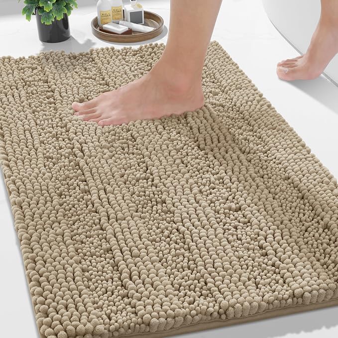 Yimobra Bathroom Rug Mat, Non Slip and Super Absorbent Bath Mat, Machine Washable Quick Dry, Ultra Plush Chenille Shower Rugs for Bathroom Floor Sink Tub and Shower Outside, Camel， 24 x 17