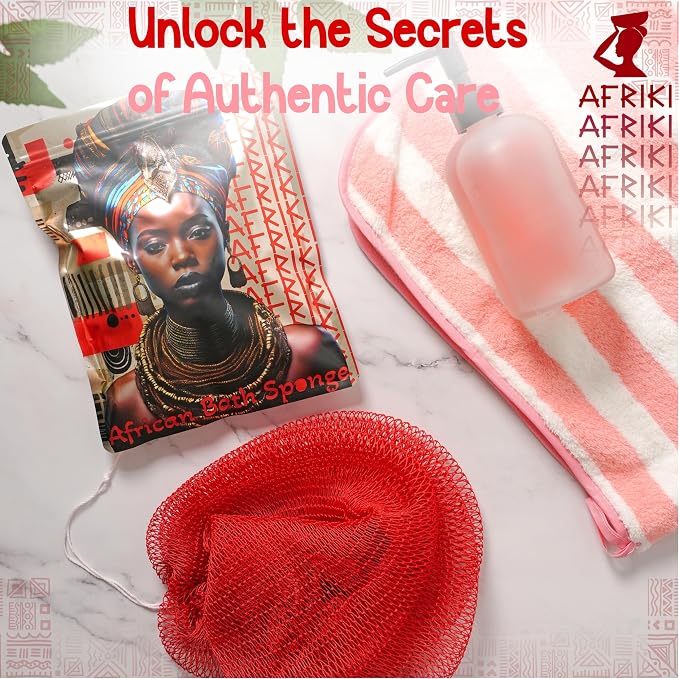 African Net Sponge, Premium Authentic Exfoliating Body Scrubber, Extra Long Stretch Bath Sponge for Shower, Deep Exfoliating Washcloth for Smooth Skin, 1 Pack (Red)