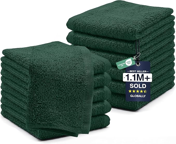 DAN RIVER 12 Pack Wash Cloths for Showering [12x12] - 100% Cotton Washcloths Premium Quality Flannel Face Cloths for Bathroom, Highly Absorbent and Soft Feel Wash Clothes, Hunter Green