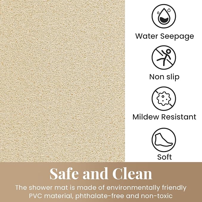 Shower Mat Bathtub Mat Non-Slip,47x16 inch, Soft Tub Mat with Drain,PVC Loofah Bath Mat (Phthalate Free) for Tub and Bathroom,Quick Drying,Khaki