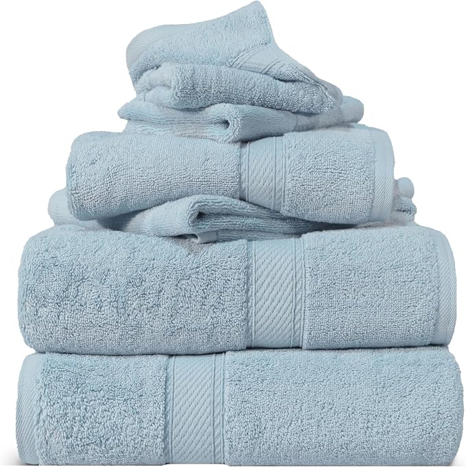 SUPERIOR Egyptian Cotton Ultra Plush & Absorbent, 6 Piece Set, Light Blue | Quick Dry, Soft Luxury Towel Set, Bath Essentials, Guest Bath, Spa, 2 Bath, 2 Hand, 2 Face Towels, Madeline Towels