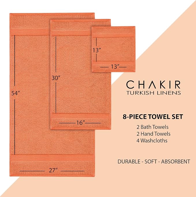 Chakir Turkish Linens Set of 8 Towel Set, 100% Cotton Luxury Turkish Towels for Bathroom, Soft Absorbent Bath Towel Set with 2 Bath Towels 2 Hand Towels 4 Washcloths, Coral