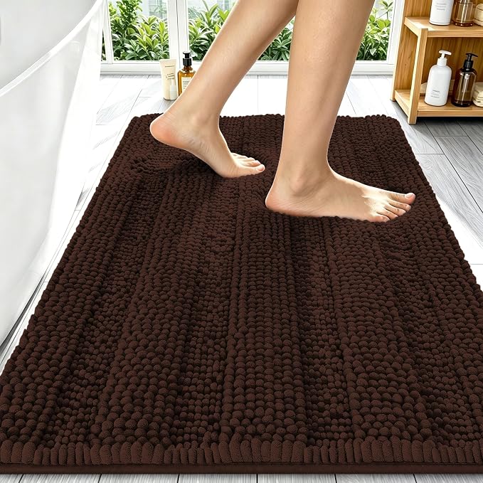 Smiry Thick Chenille Bathroom Rugs 34x21, Extra Soft Absorbent Striped Bath Mat, Machine Washable, Rubber Backing, Bath Rugs for Bathroom, Tub & Shower, Modern Home Decor Accessories, Brown
