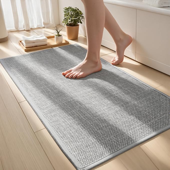 Bathroom Rugs Non Slip Bath Mat, Bathroom Mat Quick Dry Machine Washable Rugs, Shower Rug 17" x 32", Grey Thin Bath Mat Fit Under Door