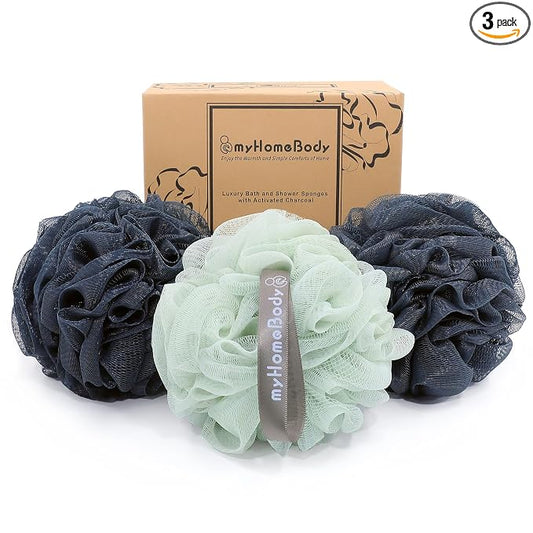 myHomeBody Large 70g Loofah Sponge, Body Scrubber, Bath Sponge, Loofah for Women, Men, Exfoliating Sponge Shower Pouf with Activated Charcoal - 3 Pack, 2 Navy Blue + 1 Sea Foam Green
