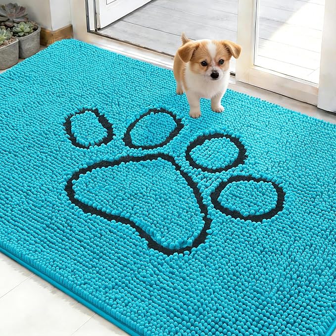 OLANLY Dog Door Mat for Muddy Paws 48x30, Paw Print Design, Absorbs Moisture and Dirt, Absorbent Non-Slip Washable Doormat, Quick Dry Chenille Mud Mat for Dogs, Entry Indoor Entryway Carpet, Aqua Blue