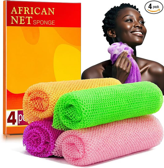 4 Pieces African Net Sponge for Deep Exfoliation – African Net Sponge Authentic, Exfoliating Washcloth, Quick-Drying African Net for Smooth & Glowing Skin(Purple, Pink, Green, Orange)