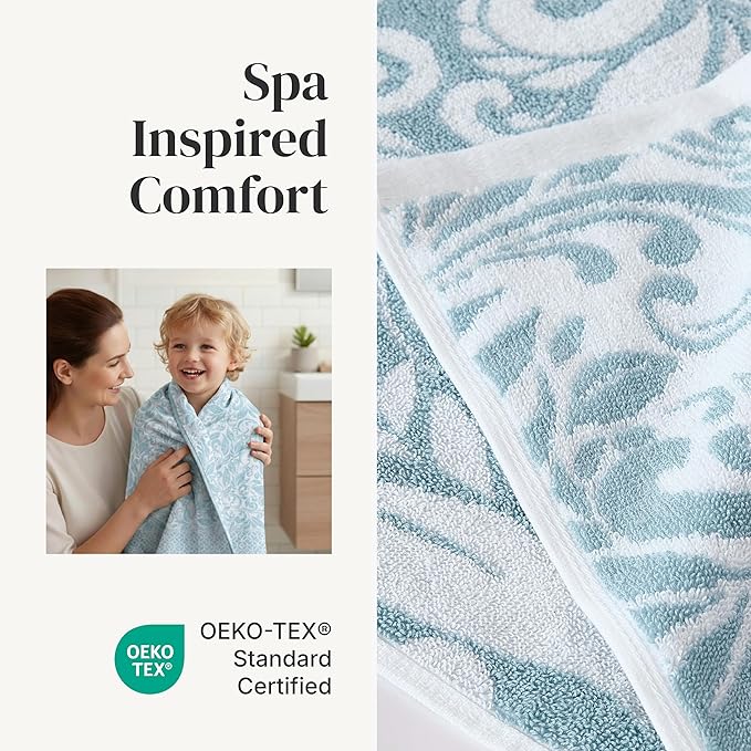 Modern Threads 6 Piece Bath Towel Set – Bathroom Set with 2 Bath Towels, 2 Hand Towels, and 2 Wash Cloths – 100% Cotton, Super Absorbent & Extra Soft – Reversible Botanical Vine (Blue)