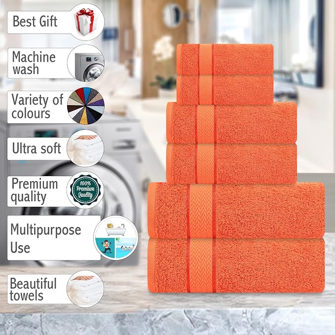 Bath Towels Set-100% Cotton-2 Bath Towels, 2 Hand Towels & 2 Washcloths-Large, Quick Dry, Absorbent, Soft & Plush-Home, Gym, Hotel, Pool, Shower Towels -6 Piece Luxury Bathroom Towels - Orange