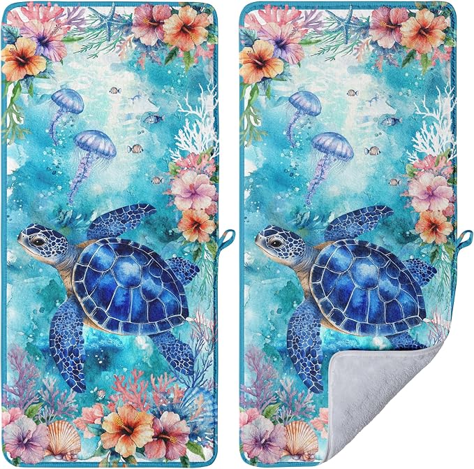 Blue Sea Turtle Hand Towel Ocean Theme Home Kitchen Bathroom Decorative Microfiber Towel Set of 2