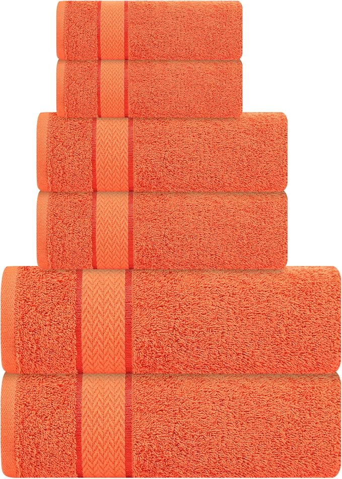 Bath Towels Set-100% Cotton-2 Bath Towels, 2 Hand Towels & 2 Washcloths-Large, Quick Dry, Absorbent, Soft & Plush-Home, Gym, Hotel, Pool, Shower Towels -6 Piece Luxury Bathroom Towels - Orange